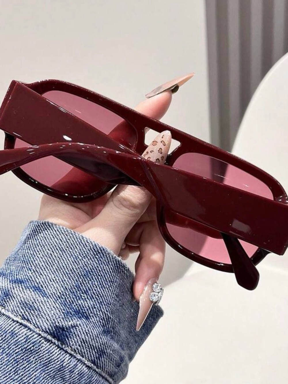 Burgundy Oversized Square Sunglasses with Pink Lenses